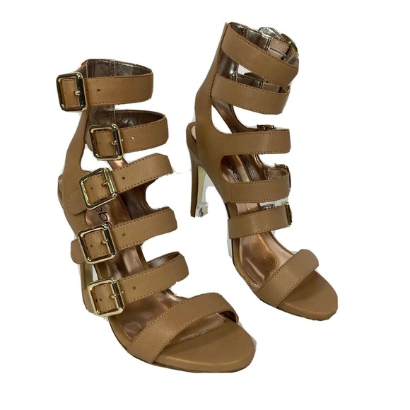 Bebe Raya Sandals Womens Sz 6 Leather Gladiator Buckle Peep Toe Stiletto Heel - Picture 1 of 9